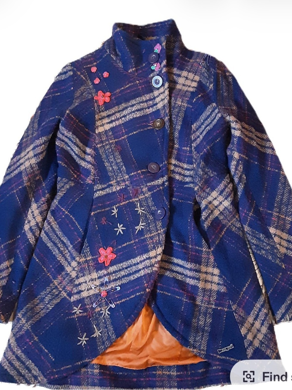 Desigual Navy Plaid Embroidered Pea Coat with Orange Lining - Clueless